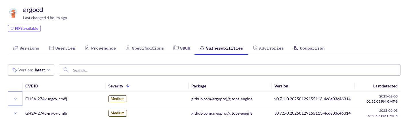 Screenshot of the argocd image&rsquo;s &ldquo;Vulnerabilities&rdquo; tab, with &ldquo;latest&rdquo; selected in the version drop-down menu. The table shows two vulnerabilities: &ldquo;GHSA-274v-mgcv-cm8j&rdquo; and &ldquo;GHSA-274v-mgcv-cm8j&rdquo;, both with a &ldquo;Medium&rdquo; severity. These CVEs are associated with version v0.7.1-0.20250129155113-4c6e03c46314 of the github.com/argoproj/gitops-engine package.